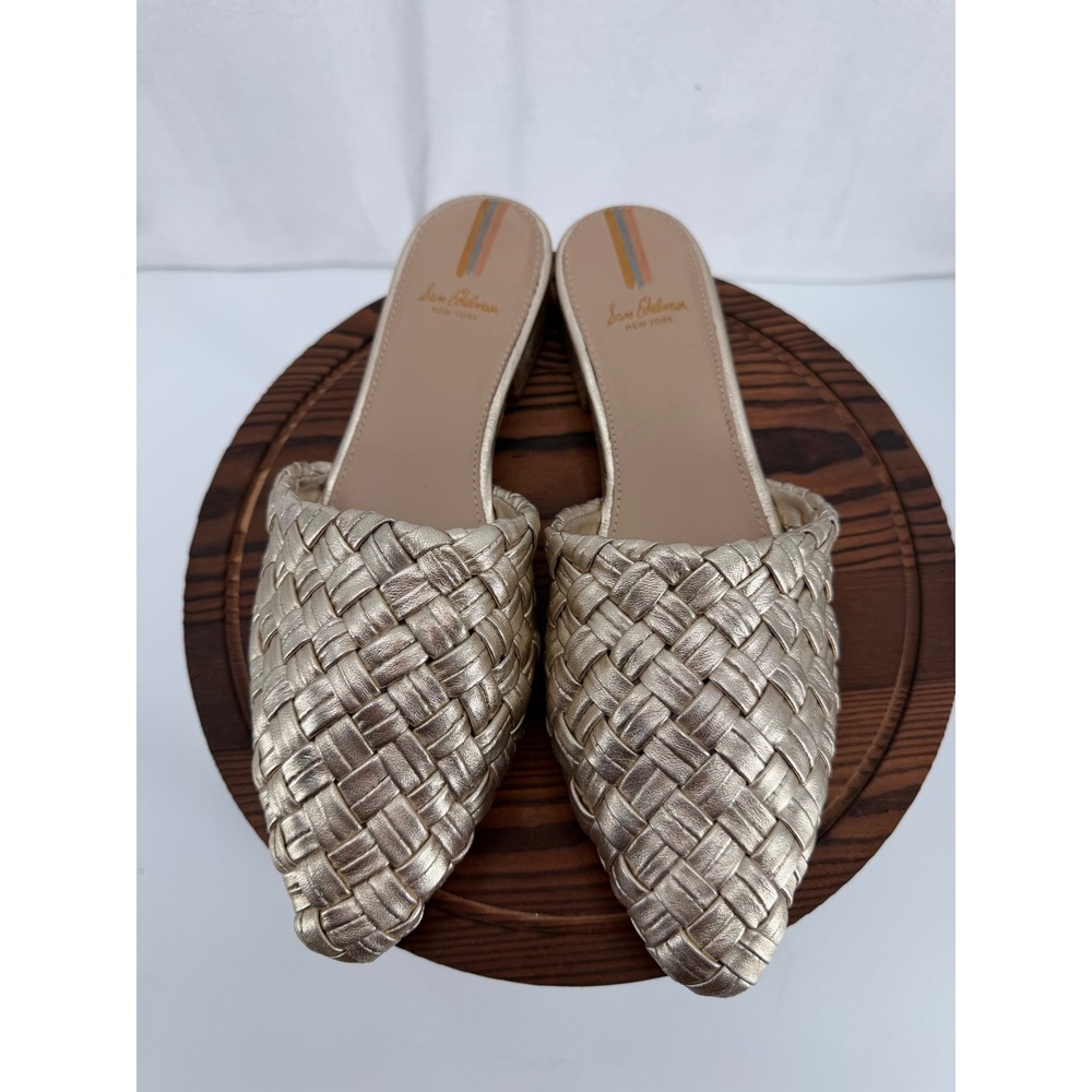Sam Edelman Paige Gold Woven Leather Pointed Toe Mules Low Block Heel Womens 8M